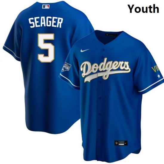 Youth Los Angeles Dodgers Corey Seager 5 Championship Gold Trim Blue Limited All Stitched Cool Base Jersey